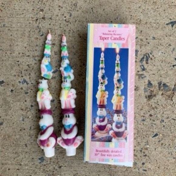 Balancing Bunnies Taper Candles Set Of 2 - 1 Broken - Picture 1 of 7